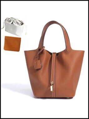 Genuine Leather Bucket Bag Lock Design Handbag Removable Pouch